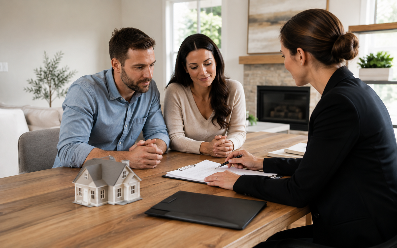 A professional real estate planning scene with a home, documents, and a clear buyer-seller consultation setting, with no logos or text.